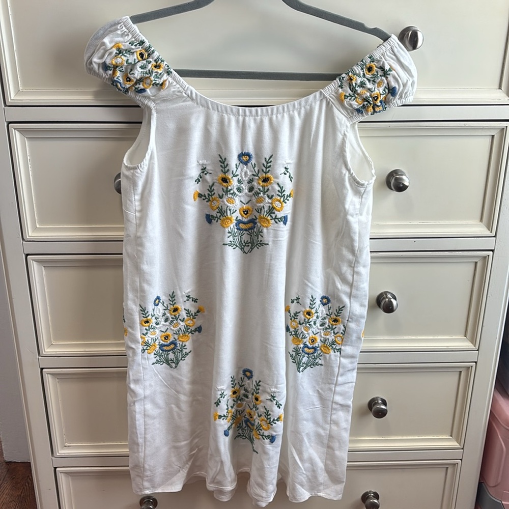 White Dress with Yellow & Blue Floral Embroidery with Cap Sleeves